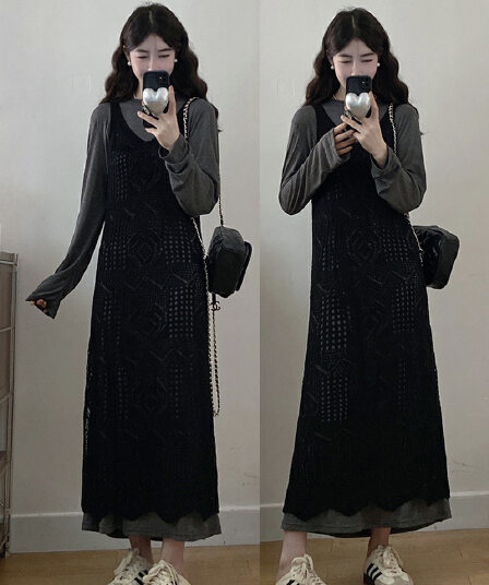 있음 선적 실사 빅 사이즈 가을 분위기 센스 착용 가져 가라. 홀로우 아웃 블라우스 느긋한 점프 슈트 치마 세트 표지 배 투피스 세트