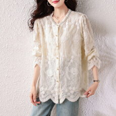 批发重工钉珠刺绣衬衣女装2026春季<b class='q'>韩版</b>新款V领长袖上衣宽松洋气衬衫