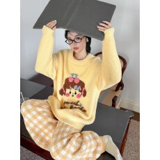 批发棉小闲樱桃女孩格<b class='q'>子</b>软绵绵睡衣套装女秋冬季加厚保暖半边绒家居