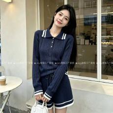 批发撞色针织套装女秋<b class='q'>冬</b>气质休闲运动风高尔夫网球服两件套毛衣配短裤