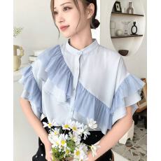 批发夏日<b class='q'>清凉</b>短袖网纱双层荷叶边雪纺小衫