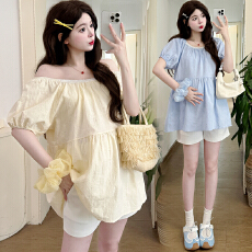 批发实拍2025孕妇<b class='q'>夏</b>季新款法式刺绣提花减龄宽松遮肚娃娃衫+短裤套装