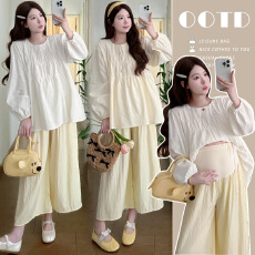 批发实拍2026孕妇<b class='q'>春</b>季新款宽松遮肚刺绣提花长袖娃娃衫九分阔腿<b class='q'>裤</b><b class='q'>套装</b>