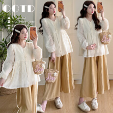 批发实拍时尚<b class='q'>孕妇</b><b class='q'>春夏</b>新款重工刺绣蕾丝衬衫+阔腿裙裤套装可开扣<b class='q'>哺乳</b>