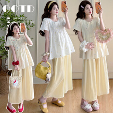 实拍多款孕妇夏季新款宽松遮肚刺绣飞飞袖娃娃衫+九分阔腿裤套装