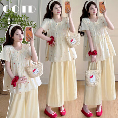 实拍孕妇夏季款宽松遮肚彩色樱桃刺绣飞飞袖娃娃衫+九分阔腿裙裤