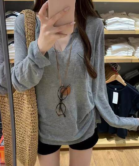 한 부서 황색 V넥 얼음 실크 긴팔 자외선 차단 티셔츠 블라우스 여성 여름 여름 외부 가져 가라. 루즈핏 Tulle 맨위 에어컨 셔츠