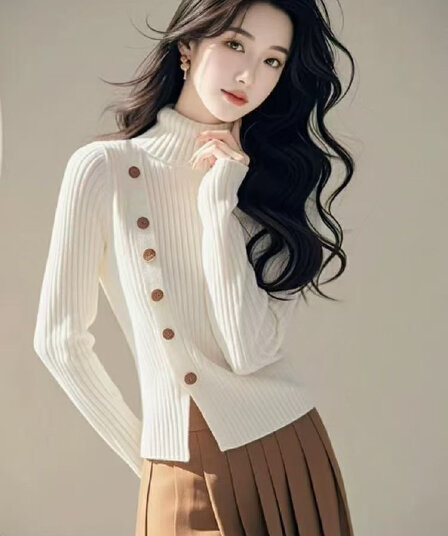 한 부서 chic 화이트 우유 fufu 터틀넥 작은 트임 니트 스웨터 여자 가을 겨울철 패션 작은 대중 Chic 맨위