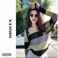 批发X.ZHEN撞色条纹衫早秋慵懒风女装松弛感出游<b class='q'>服装</b>独特漂亮小衫