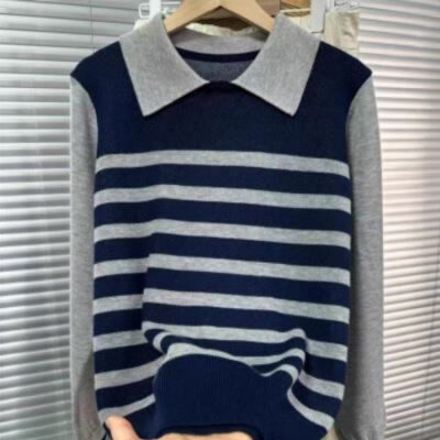 항구 바람 레트로 POLO 칼라 스트라이프 패치워크 배색 니트 스웨터 여성 겨울 새로운 작은 대중 품격 기본 셔츠 맨위