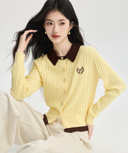 품격 페이크 레이어드 회색 트위스트 꽃 모직물 니트 오픈 가디건 이른 가을 새로운 학원 스타일 polo 폴로 칼라 맨위 여성 의류