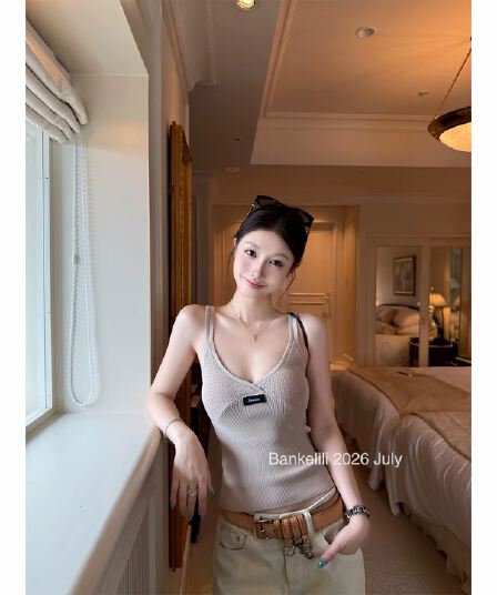 woppei 불규칙 비스듬한 어깨 행침 목 니트 조끼 여성 작은 대중 홀로우 아웃 단어 뒤로 몸매 가꾸기 슬림해 보이는 슬립 맨위