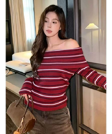 가을 겨울 품격 배색 스트라이프 한 단어 오프숄더 다용도 니트 스웨터 작은 셔츠 긴팔 슬림해 보이는 맨위