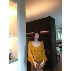 批发SYA奚小西 法式肌理系带上衣早秋女荷叶边方领系带人丝长袖罩衫