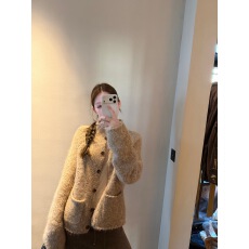 批发蝶宝嘻 温柔粗针羊毛秋季针织开衫花纱立领卷边毛衣外套女