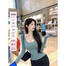 批发白水女 很好穿的tee U领长袖<b class='q'>T</b><b class='q'>恤</b>女早秋韩系修身显瘦纯欲温柔上衣