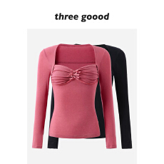 批发THREE GOOOD殷三吉 羊毛抽褶蝴蝶结微弹长袖上衣女修身百搭打底衫