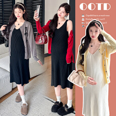 批发实拍已出货  早春v领高弹吊带法式时尚显瘦针织孕妇两件套连衣裙