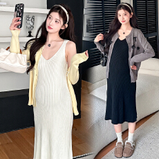 批发实拍已出货  早春v领高弹吊带法式时尚显瘦针织孕妇两件套装