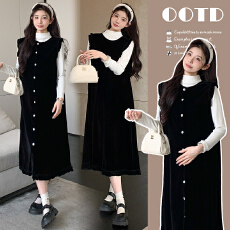 批发实拍新品~2025法式气质木耳花边无袖丝绒纽扣连衣长裙+<b class='q'>百搭</b>打底