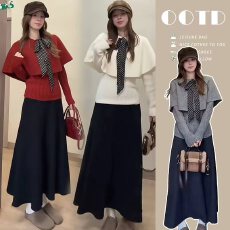 批发新品~货  孕妇装<b class='q'>秋</b>慵懒感蝴蝶结宽松斗篷毛衣两件套+黑色半身裙