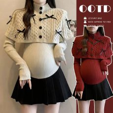 批发新品~货 孕妇装<b class='q'>秋</b>冬季感蝴蝶结宽松斗篷毛衣两件套+黑色半身裙