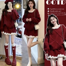 批发新品~货 孕妇装蕾丝花边甜美毛衣套装<b class='q'>秋</b>冬加厚慵懒+短裙两件套