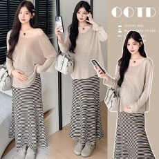 批发实拍 早<b class='q'>秋</b>新款慵懒风防晒上衣+条纹半身裙套装