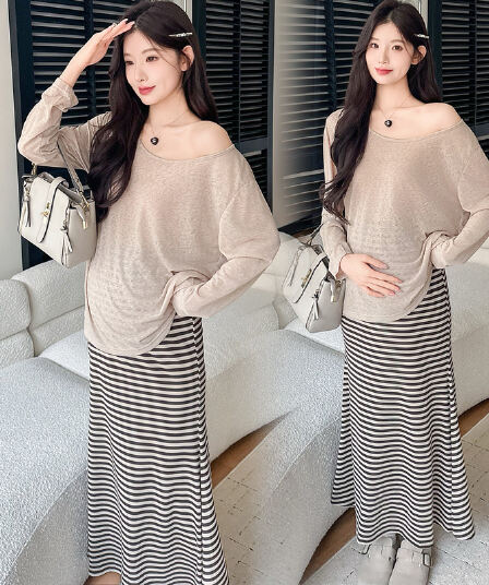실사 이른 가을 새로운 느긋한 바람 자외선 차단 맨위 스트라이프 반신 치마 세트