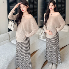 批发实拍 早<b class='q'>秋</b>新款慵懒风防晒上衣+条纹半身裙套装