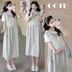 批发实拍~货  孕妇梨型穿搭系带收腰遮胯显瘦工装连衣裙两件套装裙