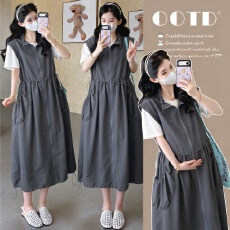 批发实拍~货  孕妇梨型穿搭系带收腰遮胯显瘦工装连衣裙两件套装裙