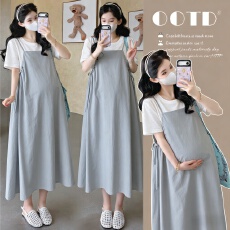 批发孕妇套装<b class='q'>夏</b>季吊带长裙新款气质显瘦工装抽绳连衣裙T恤上衣两件套