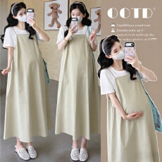 孕妇套装夏季吊带长裙新款气质显瘦工装抽绳连衣裙T恤上衣两件套