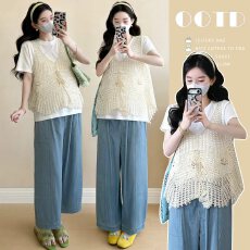 批发实拍~货 孕妇装蝴蝶结<b class='q'>蕾丝</b>钩花镂空背心女圆领短袖两件套+牛仔裤