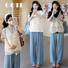 批发实拍~货 孕妇装蝴蝶结<b class='q'>蕾丝</b>钩花镂空背心女圆领短袖两件套+牛仔裤