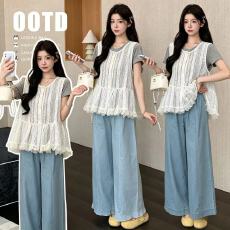 实拍~货  孕妇夏季显瘦设计感针织镂空背心马甲上衣两件套+牛仔裤