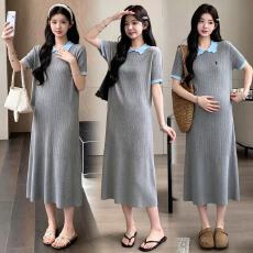 批发实拍~货【蓝灰美学孕妇装春夏装新品<b class='q'>翻领</b>显瘦休闲短袖长款<b class='q'>连衣裙</b>