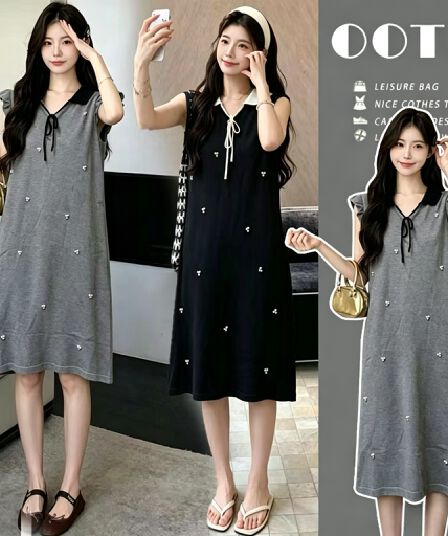 실사 지금 지금 임산부 여름 새로운 천 금빛 바람 베이비 칼라 Feifei 소매 비즈 박기 레이스업 연령 감소 품격 중간 길이 스커트