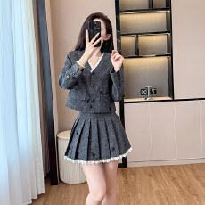 批发韩系刺绣拼接<b class='q'>蕾丝</b><b class='q'>西装外套</b>小香风套装女2025秋季新款百褶裙两件套