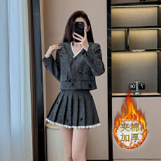 批发韩系刺绣拼接<b class='q'>蕾丝</b>西装外套小香风套装女2025秋冬新款百褶裙两件套