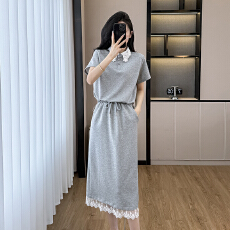批发灰色轻熟风<b class='q'>套装</b>裙女夏季2026新款韩版蕾丝POLO领上衣半身裙两件套