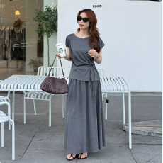 批发显瘦减龄套装女<b class='q'>夏</b>季抽绳收腰T恤半身裙气质通勤洋气两件套