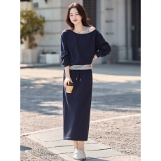 批发<b class='q'>韩版</b>时尚休闲运动套装裙女2025秋新款时尚假两件上衣半身裙两件套