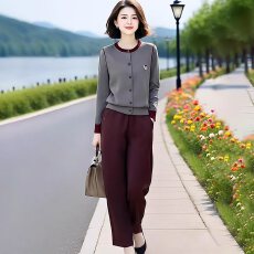 批发女装原创<b class='q'>品牌</b>旗舰店百搭撞色长袖上衣＋休闲裤子两件套装秋季