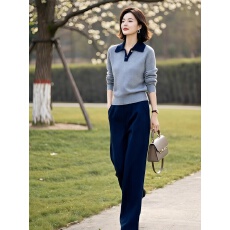 批发素订女装原创<b class='q'>品牌</b>旗舰店时尚洋气POLO领针织衫+直筒裤两件套秋季