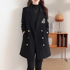 批发黑色小个子双面羊绒呢子大衣女2025春秋季新款英伦羊毛呢宽松外套