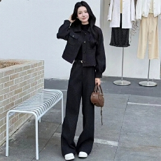 批发时尚套<b class='q'>装</b><b class='q'>女</b>2025冬季新款洋气显瘦翻领保暖毛呢短外套阔腿裤<b class='q'>两件</b>套