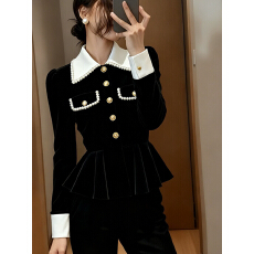 批发金风名媛时尚黑色丝绒短外套女珍珠装饰收腰显瘦高级感气质上衣