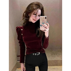 批发法式气质轻奢红色丝绒打底衫女内搭秋<b class='q'>冬</b>独特漂亮修身正肩长袖上衣